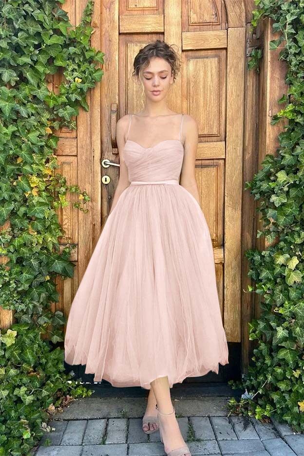 Tulle Spaghetti Strap Sweetheart Sleeveless Prom Dress With Belt