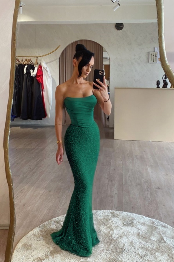 Strapless Sleeveless Long Mermaid Prom Dress With Sequin Pleated