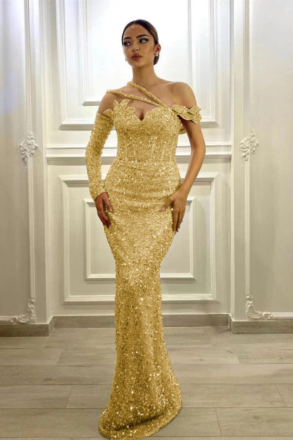 Gorgeous Long Sleeves One Shoulder Lavender Prom Dress Mermaid With Sequins