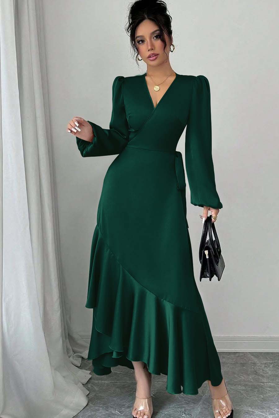Shinning Long Sleeves V Neck Long Prom Dress With Ruffles Pleated