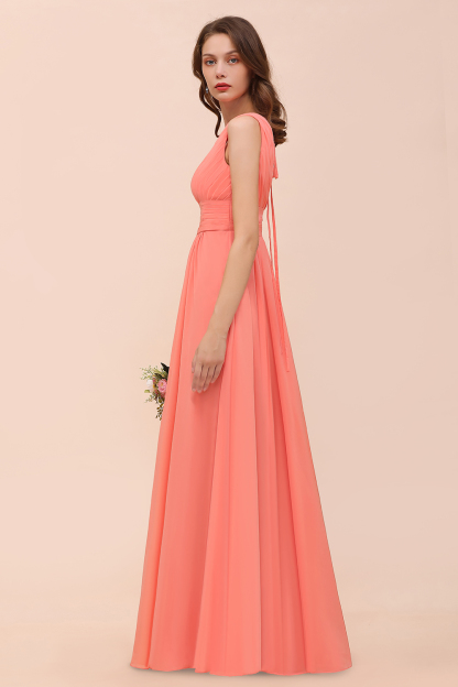 BMbridal Elegant V-Neck Ruffle Coral Chiffon Affordable Bridesmaid Dresses Online-BMbridal