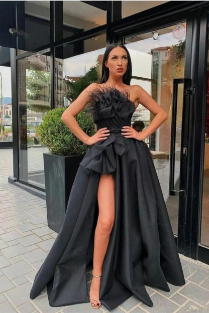 Strapless Sleeveless Long Black A Line Prom Dress High Split With Feather