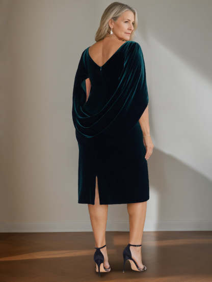 Velvet Mother of the Bride Dresses with Ruffles: A-Line Princess Scoop Half Sleeves Knee-Length