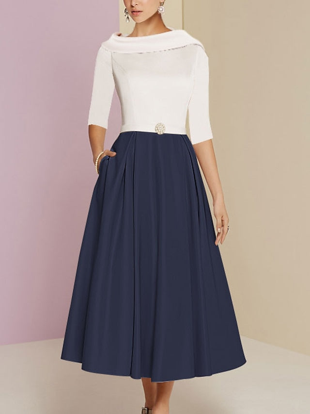 Tea-Length Mother of the Bride A-Line Dress with Jewel Neckline Half Sleeves Pleats and Pockets