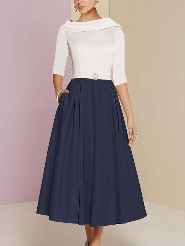 Tea-Length Mother of the Bride A-Line Dress with Jewel Neckline Half Sleeves Pleats and Pockets