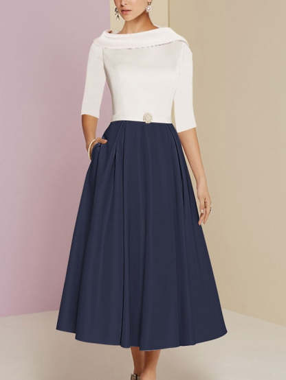 Tea-Length Mother of the Bride A-Line Dress with Jewel Neckline Half Sleeves Pleats and Pockets