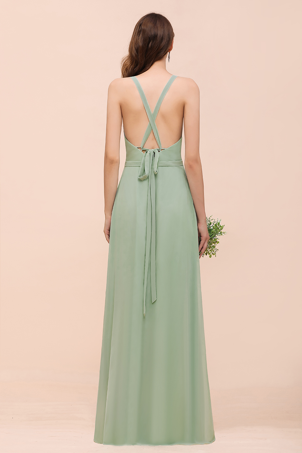 BMbridal Glamorous Dusty Sage V-Neck Straps Affordable Bridesmaid Dress-BMbridal