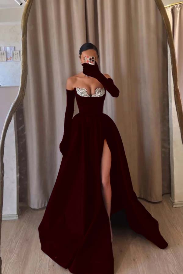Strapless Sleeveless Long Split Prom Dress With Beading Long Gloves