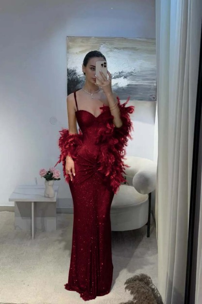 Spaghetti Strap Sleeveless Long Mermaid Prom Dress With Sequins