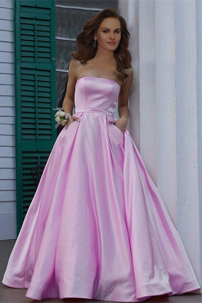 Stunning Strapless Sleeveless Burgundy A Line Long Prom Dress With Pockets