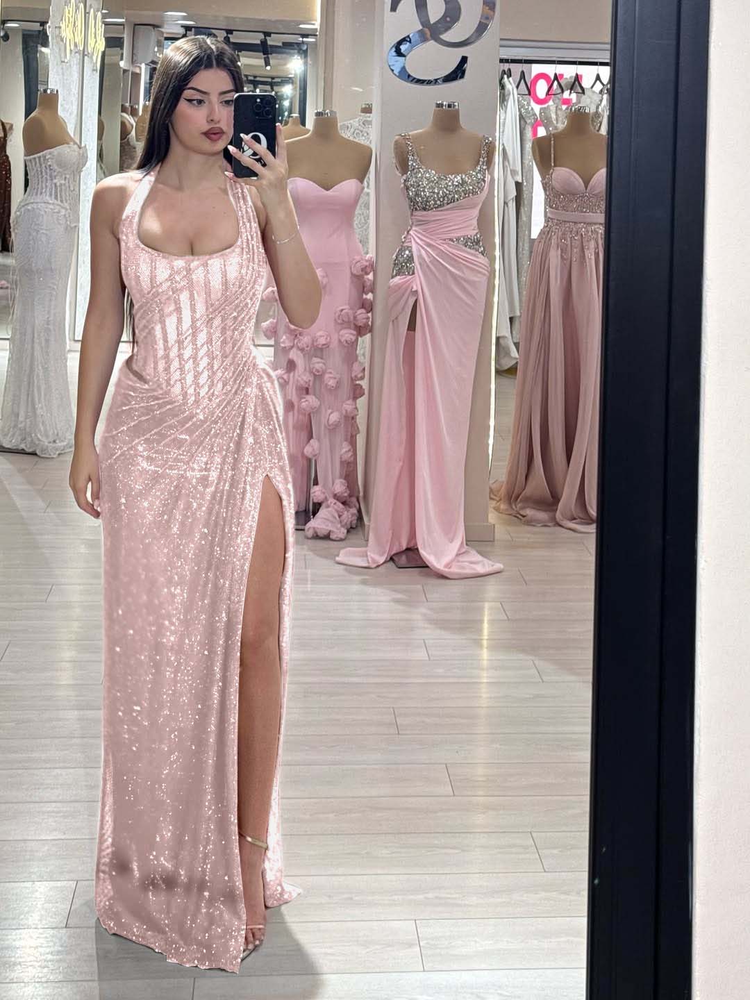 Sequins Halter Sleeveless Long Mermaid Prom Dress With Split