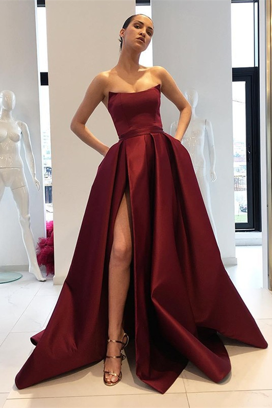 Chic Strapless Burgundy Sleeveless A Line Long Prom Dress With Front Split
