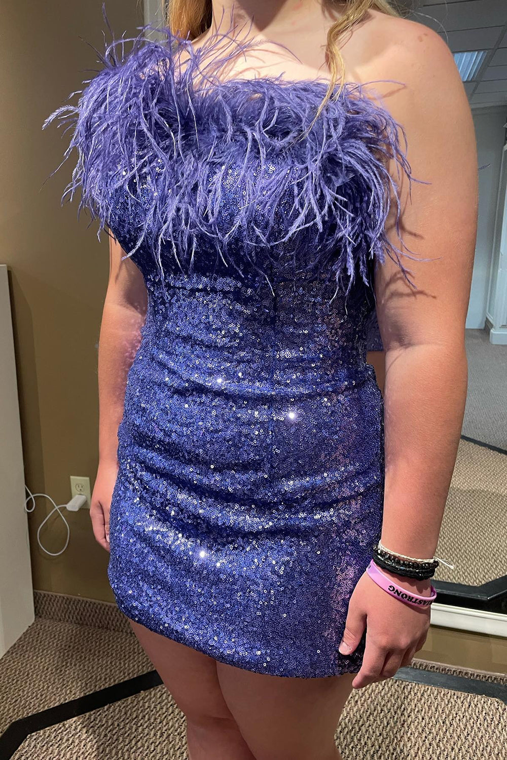 Blue Tight Sequins Homecoming Dress with Feathers