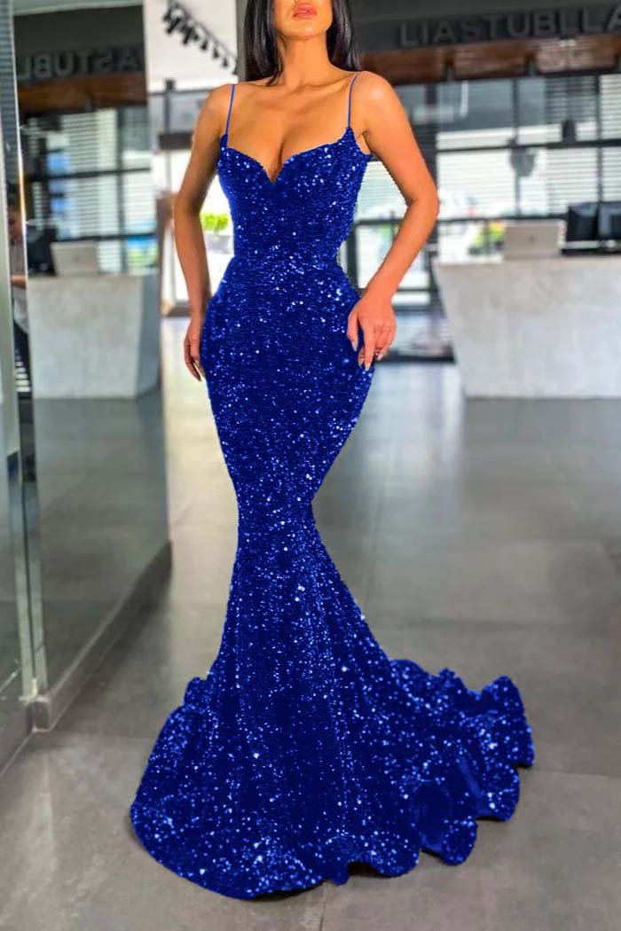 Spaghetti Strap Sleeveless Long Mermaid Prom Dress With Sequins