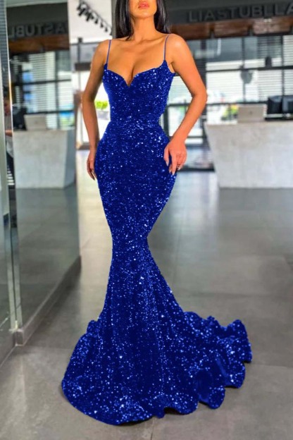 Spaghetti Strap Sleeveless Long Mermaid Prom Dress With Sequins