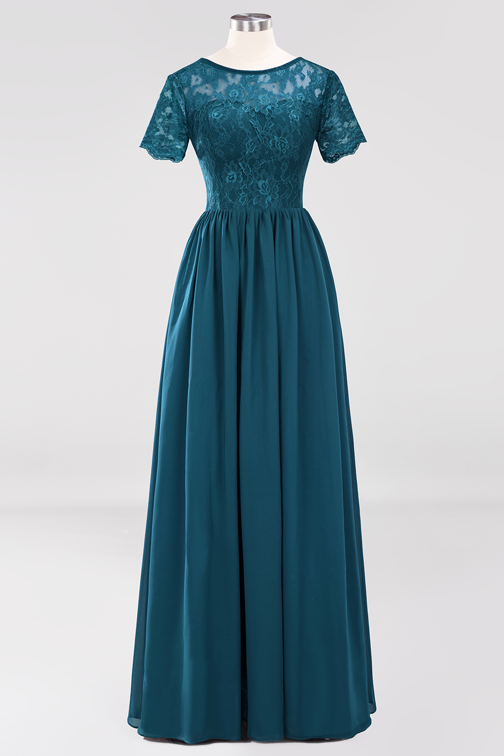 BMbridal Elegant Dark Navy Long Lace Bridesmaid Dresses with Short-Sleeves-BMbridal