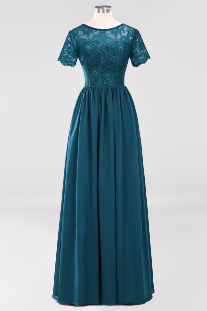 BMbridal Elegant Dark Navy Long Lace Bridesmaid Dresses with Short-Sleeves-BMbridal