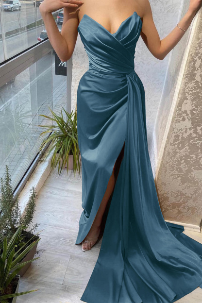 Brown Sweetheart Strapless Mermaid Prom Dress Split Sleeveless With Ruffles