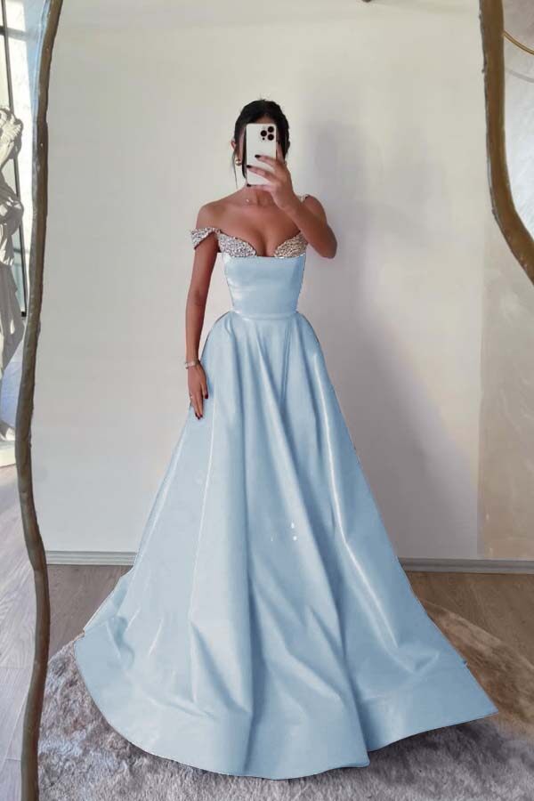 Off the Shoulder Sleeveless Long Prom Dress With Beading Pleated