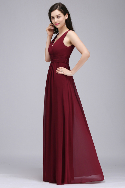 BMbridal Modest Burgundy V-Neck Sleeveless Long Bridesmaid Dresses Affordable-BMbridal