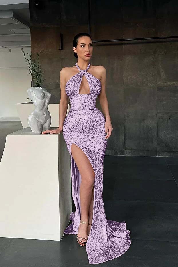 Halter Sleeveless Long Mermaid Prom Dress With Split Sequins