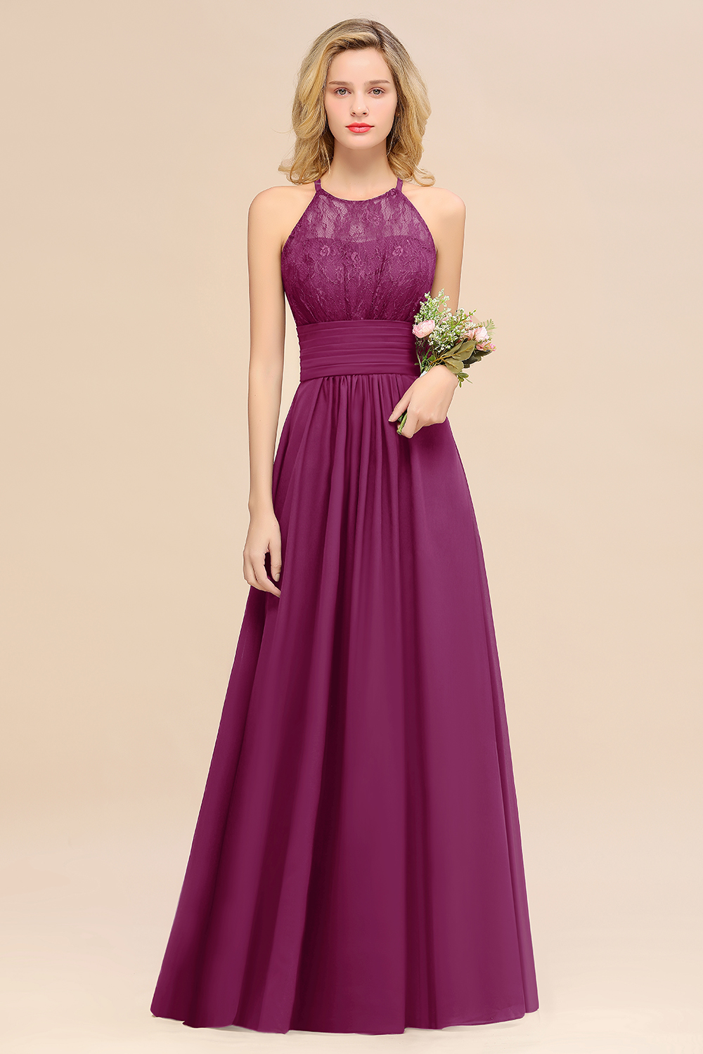 BMbridal Elegant Halter Ruffles Sleeveless Grape Lace Bridesmaid Dresses Affordable-BMbridal