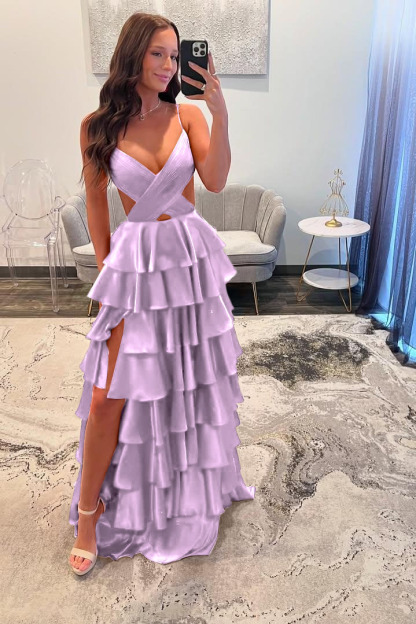 Spaghetti Strap Sleeveless Long Split Prom Dress With Ruffles