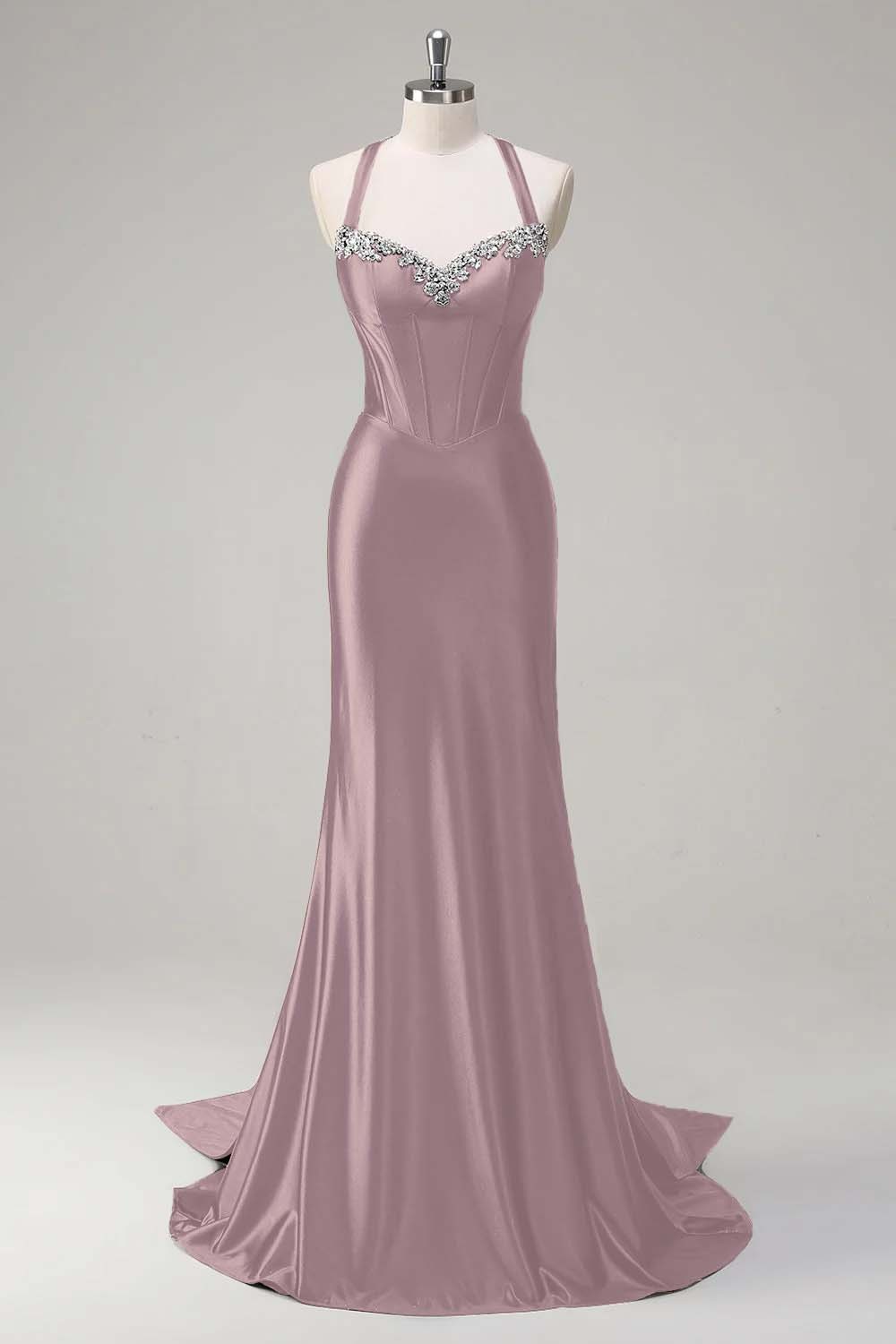 Halter Sleeveless Long Mermaid Prom Dress With Beading Pleated