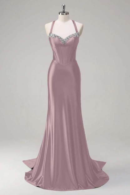 Halter Sleeveless Long Mermaid Prom Dress With Beading Pleated