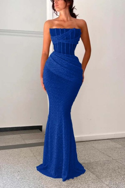 Shining Strapless Sleeveless Mermaid Long Prom Dress With Pleated