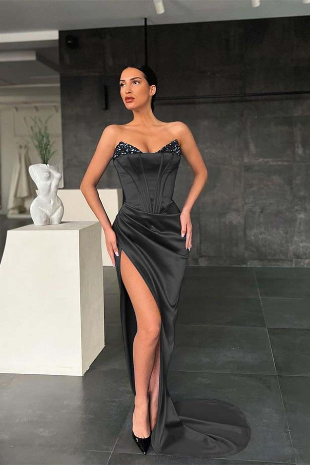 Mermaid Royal Blue Strapless Sleeveless Prom Dress High Split With Sequins