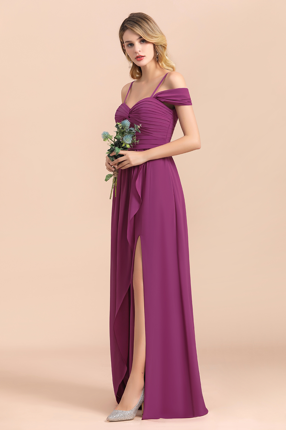 BMbridal Gorgeous Off-the-Shoulder Ruffle Orchid Bridesmaid Dress Online with Slit-BMbridal