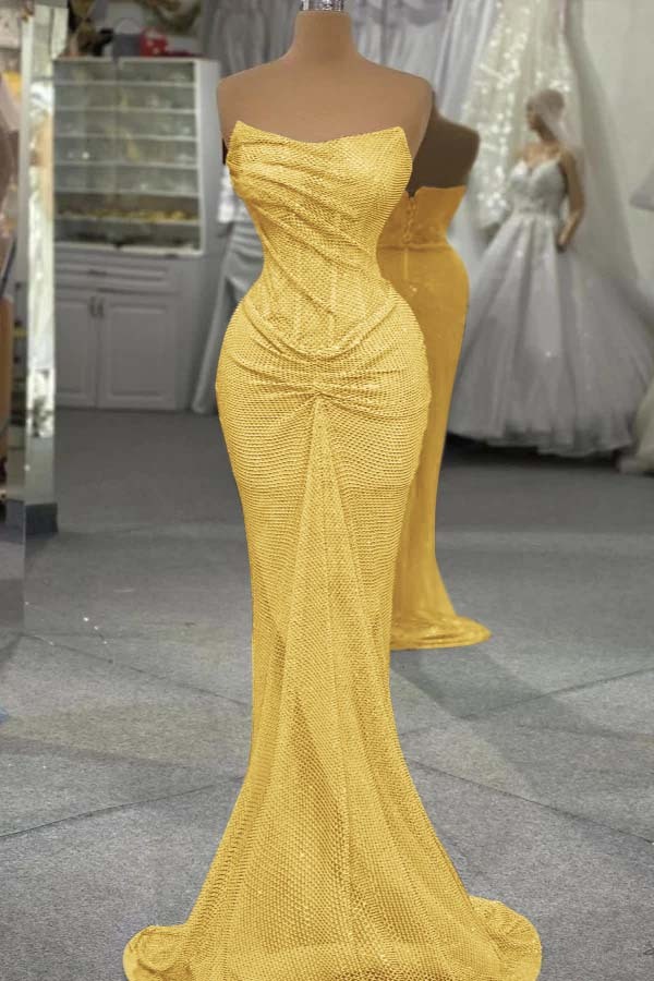 Sequin Strapless Sleeveless Long Mermaid Prom Dress With Pleated