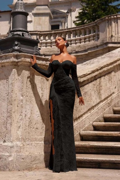 Off the Shoulder Long Sleeves Long Mermaid Prom Dress With Lace Appliques