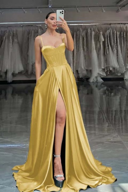 Spaghetti Strap Sleeveless Long Split Prom Dress With Pleated