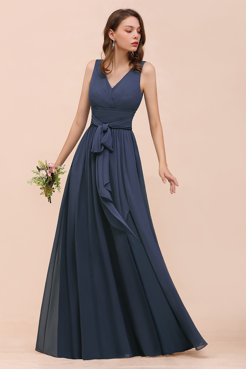 BMbridal Affordable V-Neck Chiffon Long Stormy Bridesmaid Dress With Slit-BMbridal