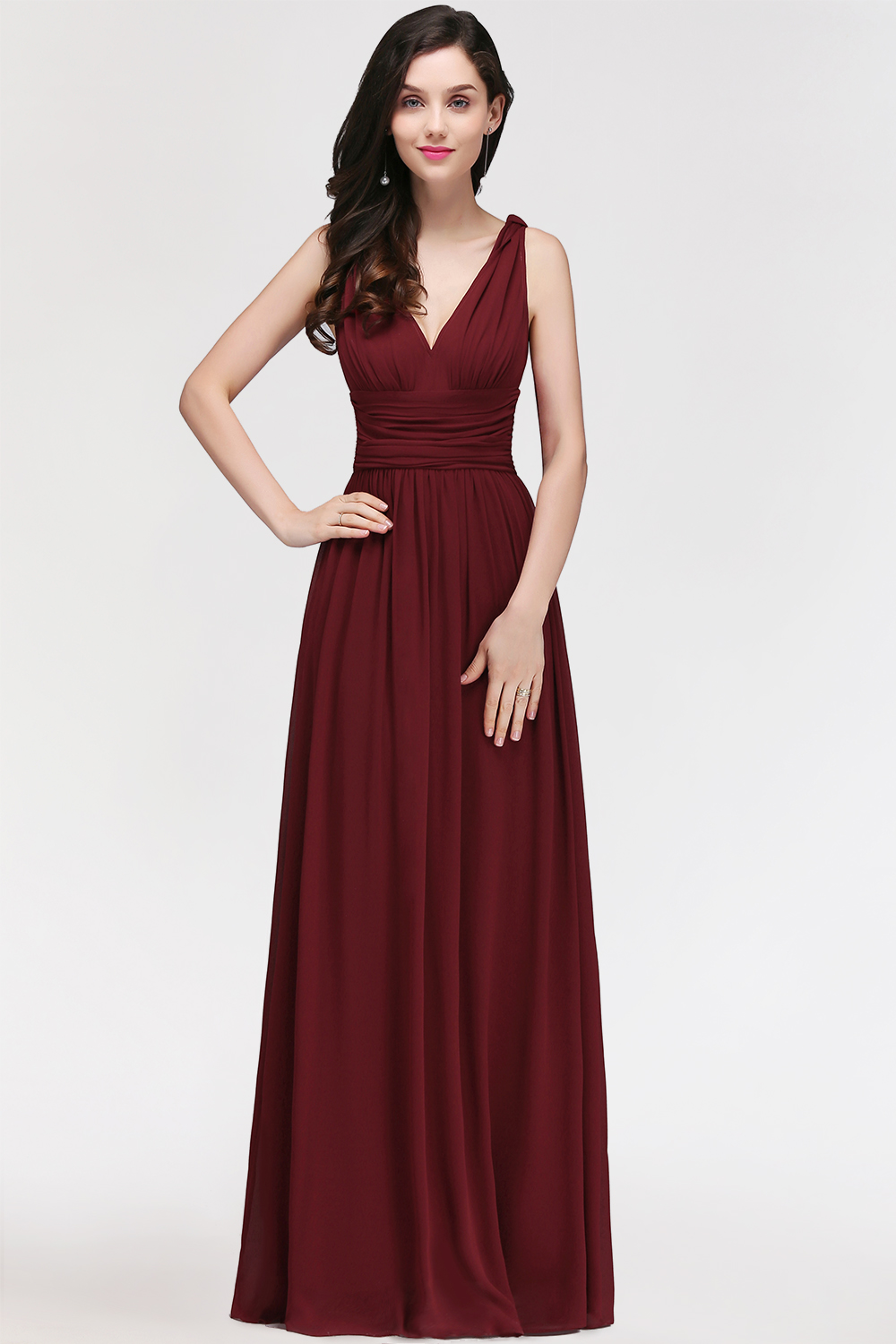 BMbridal Burgundy Long V-Neck Sleeveless Chiffon Bridesmaid Dress Online-BMbridal