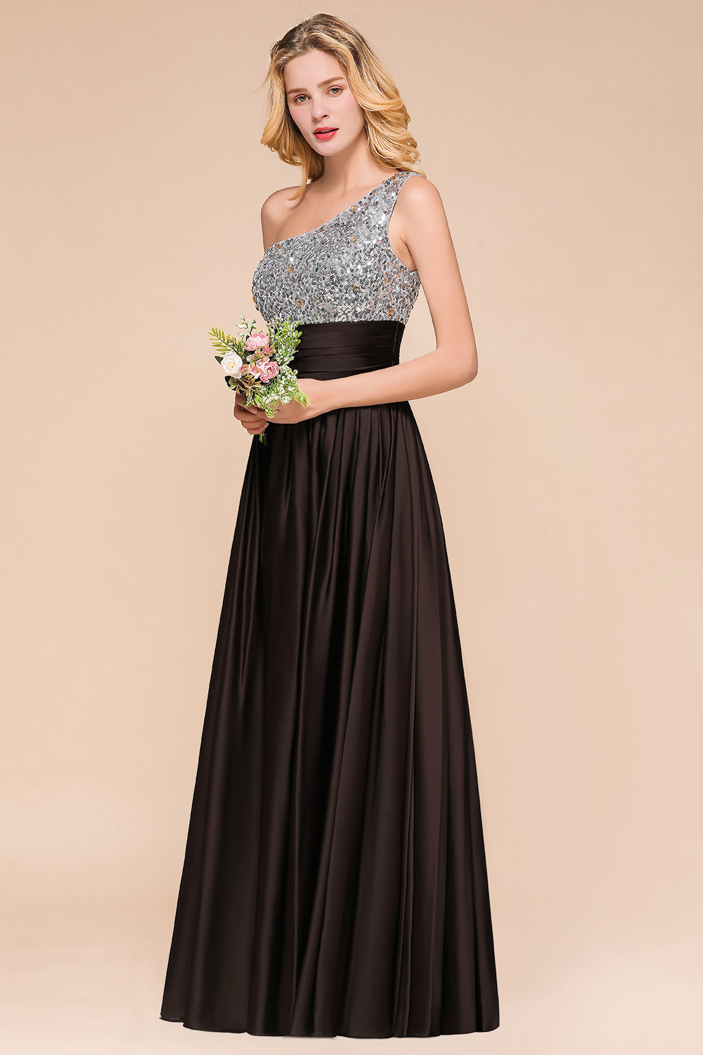 BMbridal Affordable One Shoulder Sequins Long Bridesmaid Dresses with Ruffle-BMbridal