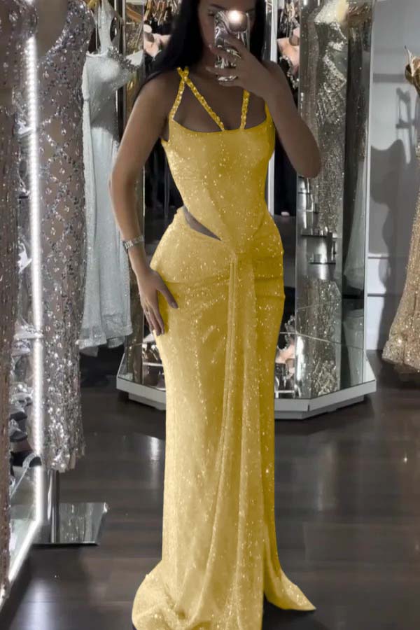 Straps Sleeveless Long Mermaid Prom Dress With Sequins Pleated