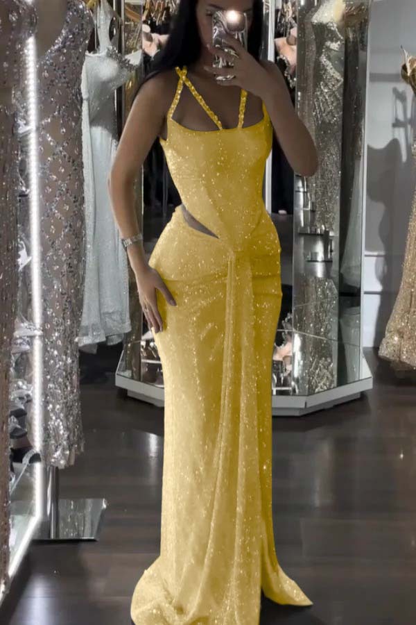 Straps Sleeveless Long Mermaid Prom Dress With Sequins Pleated