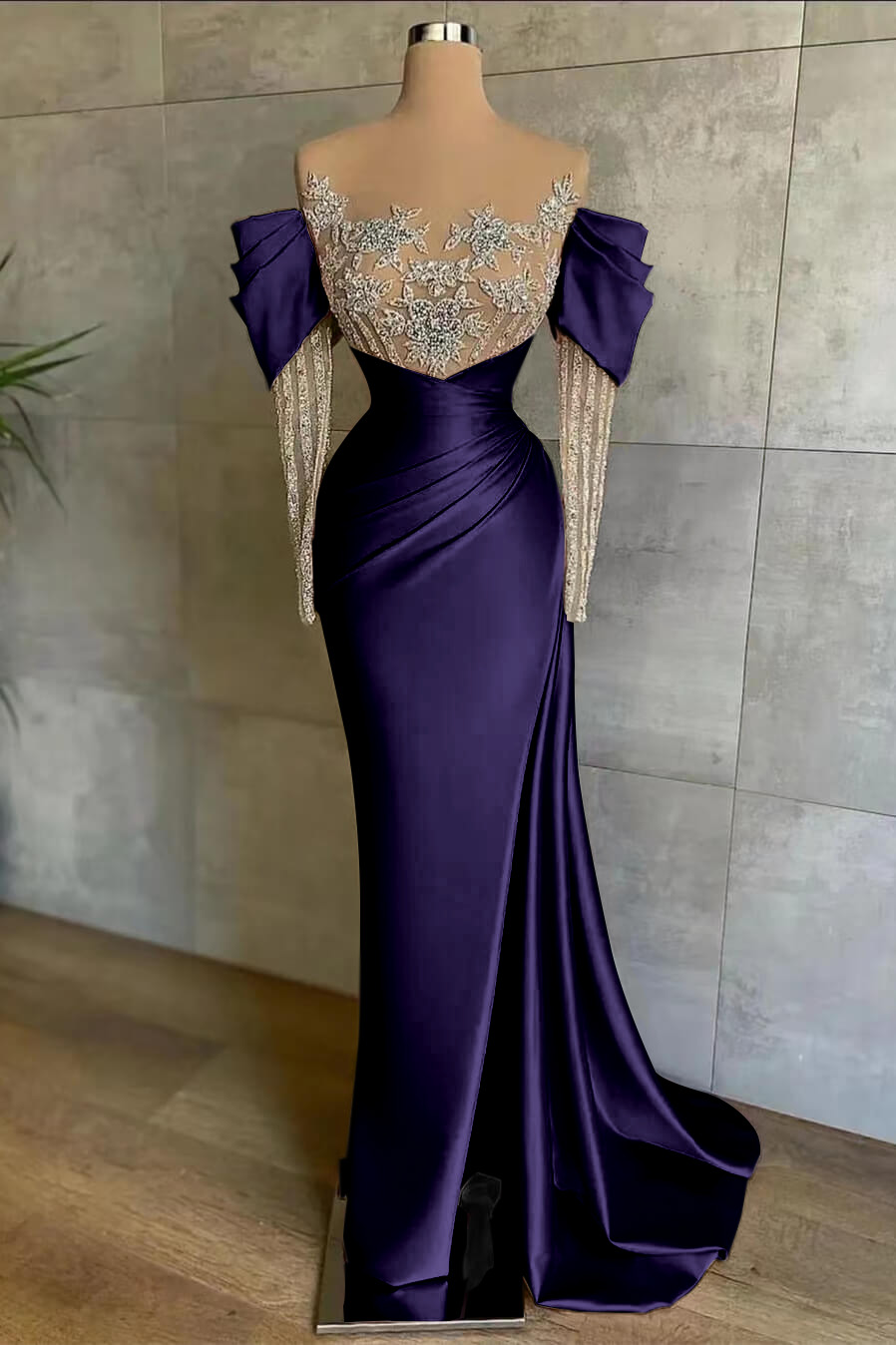 Pink Split Mermaid Long Sleeves Prom Dress Beadings With Appliques Off the Shoulder