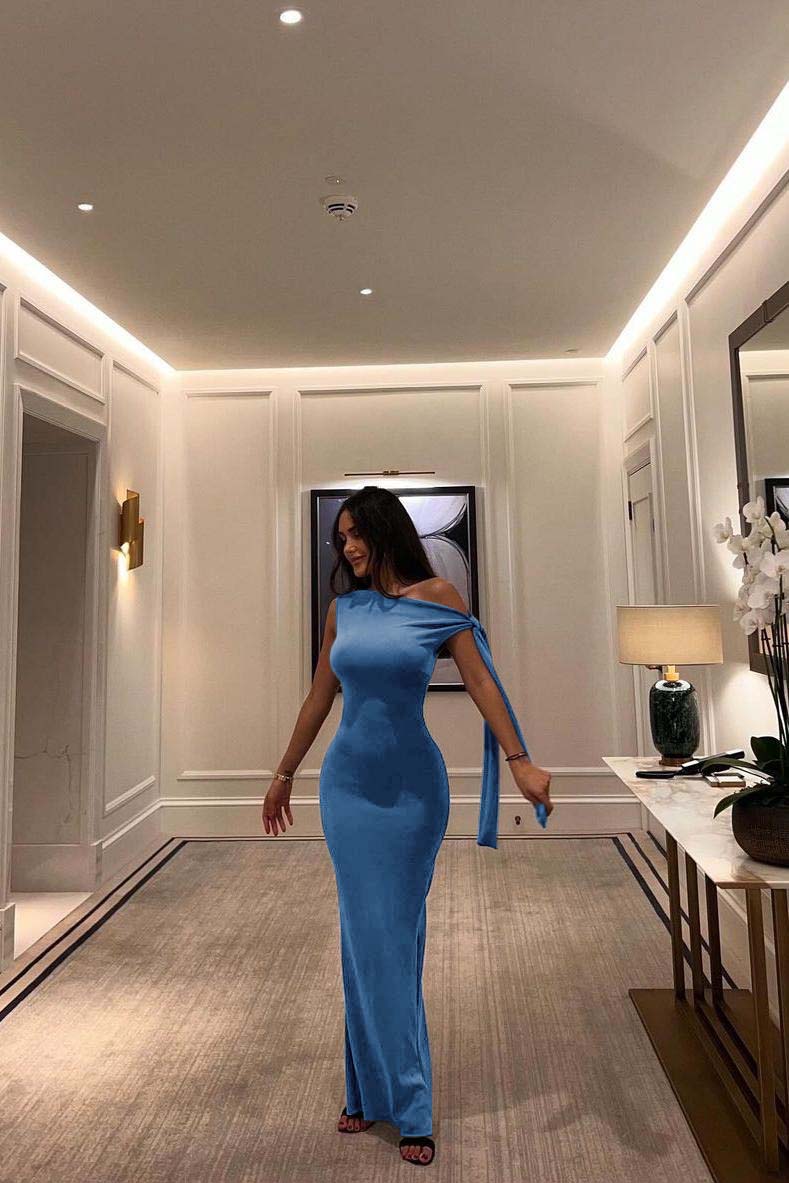 One Shoulder Sleeveless Mermaid Long Prom Dress With Pleated