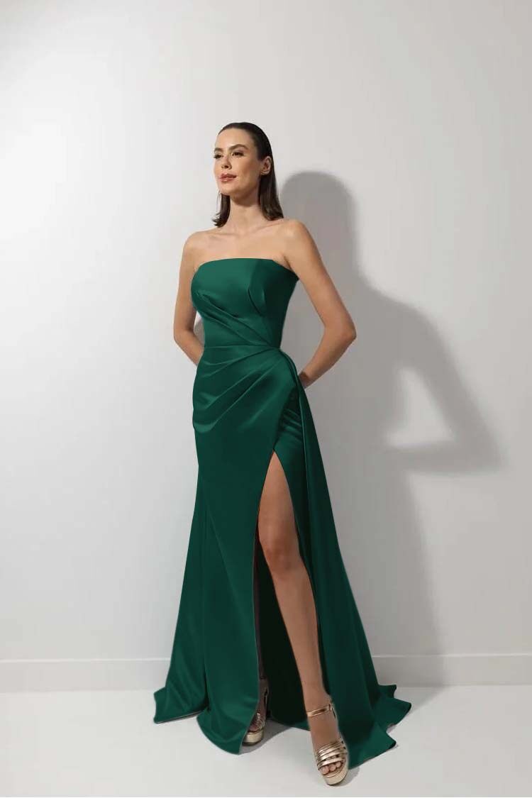 Strapless Sleeveless Long Mermaid Prom Dress With High Split Ruffles