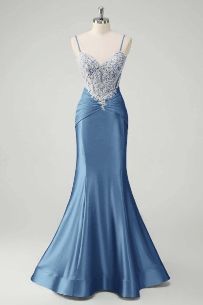 Sleeveless Spaghetti Strap Long Mermaid Prom Dress With Appliques
