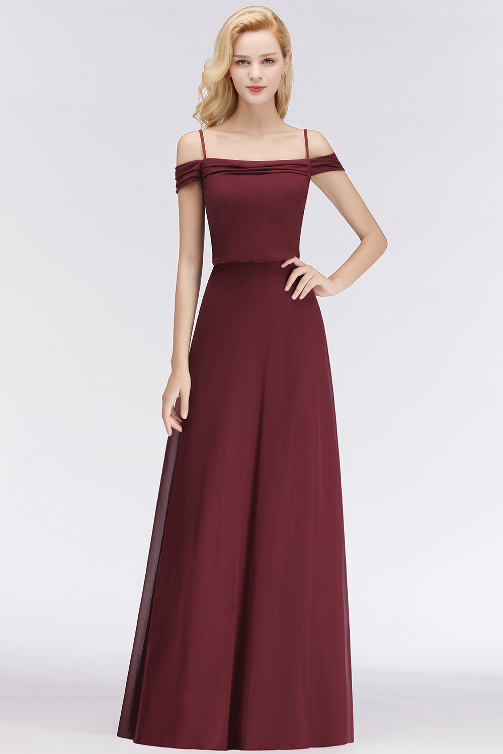 BMbridal Elegant Off-the-Shoulder Burgundy Bridesmaid Dress Online Spaghetti-Straps Affordable Maid of Honor Dress-BMbridal