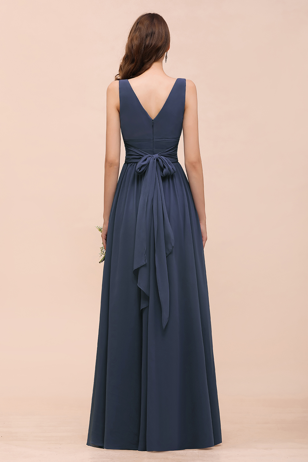 BMbridal Affordable V-Neck Chiffon Long Stormy Bridesmaid Dress With Slit-BMbridal