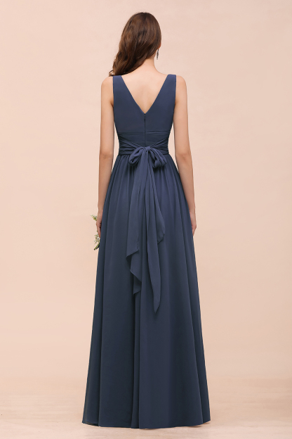 BMbridal Affordable V-Neck Chiffon Long Stormy Bridesmaid Dress With Slit-BMbridal