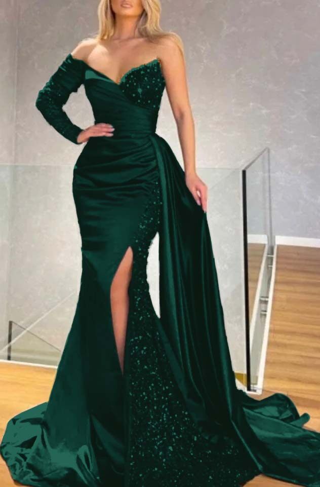 Long Sleeve Strapless Long Split Prom Dress With Pleated Sequins