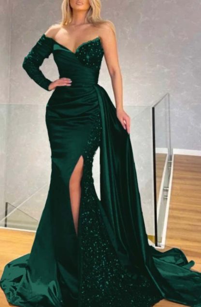 Long Sleeve Strapless Long Split Prom Dress With Pleated Sequins