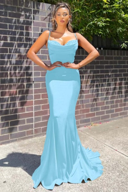 Long Spaghetti Strap Sleeveless Mermaid Ruffles Prom Dress With Beadings
